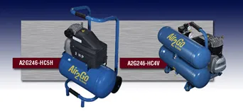 Two blue air compressors with air go written on them Two blue air compressors with air go written on them