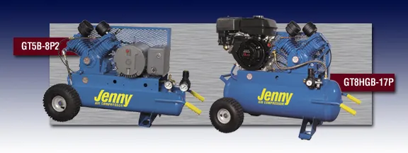 Two blue jenny air compressors are shown side by side Two blue jenny air compressors are shown side by side