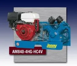 A blue air compressor with a red honda engine A blue air compressor with a red honda engine