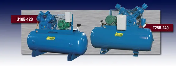 Two blue air compressors are sitting next to each other Two blue air compressors are sitting next to each other