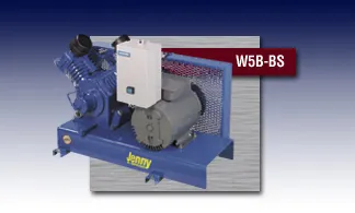 A blue air compressor with a motor and a sign that says w5b-bs A blue air compressor with a motor and a sign that says w5b-bs