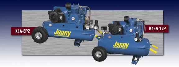 Two blue jenny air compressors are sitting next to each other Two blue jenny air compressors are sitting next to each other
