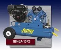 A blue air compressor with wheels and a gas engine A blue air compressor with wheels and a gas engine