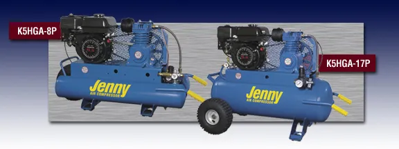 Two blue jenny air compressors are shown side by side Two blue jenny air compressors are shown side by side